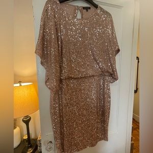 Sequins Pencil Dress With Cascading Dolman Sleeves in Dusty Rose Color.